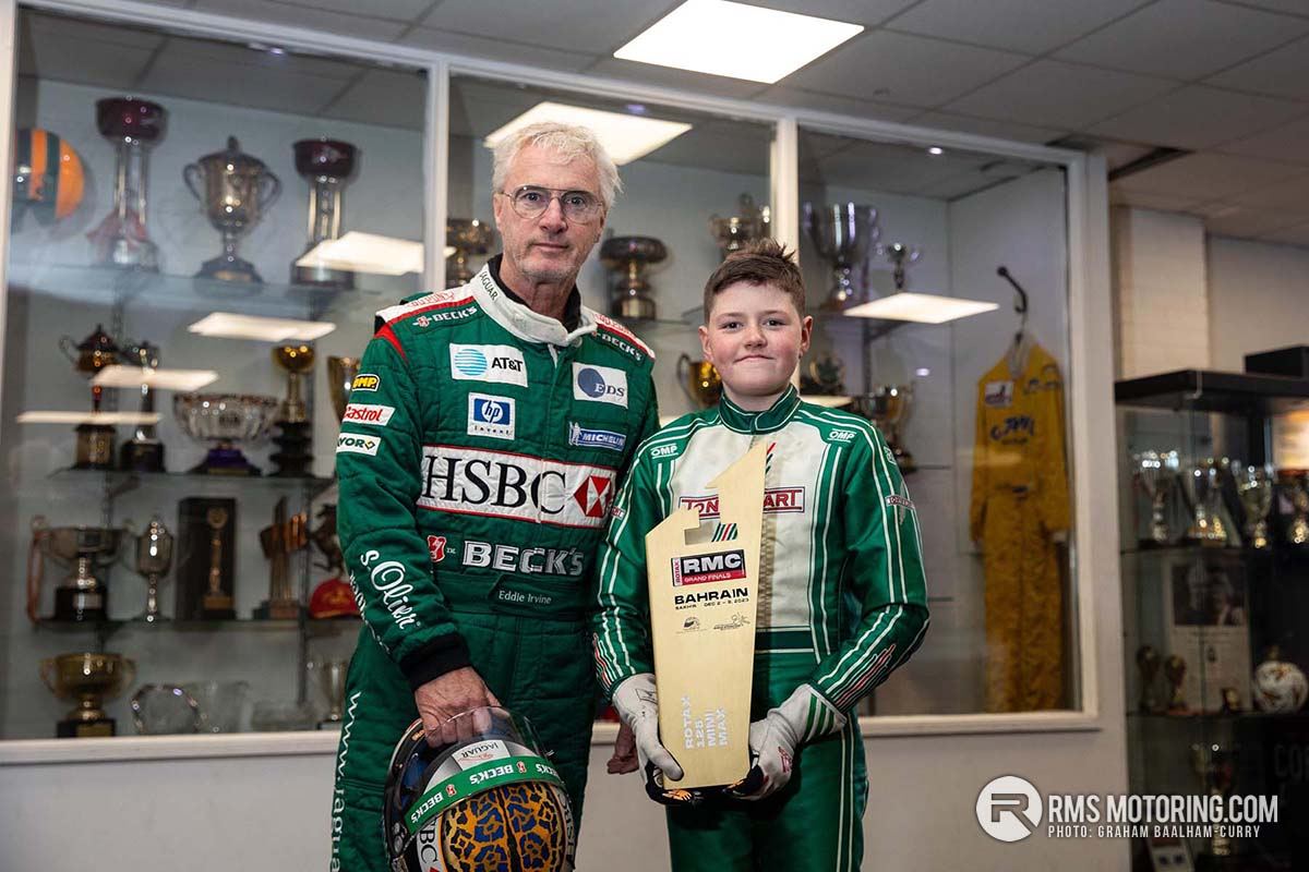 Recently crowned World Rotax 125 Mini Max Champion, Rory Armstrong, from Downpatrick shares a karting session with Eddie Irvine at the Formula One driving ace’s EI Sports kart track in Bangor, Co Down. (Photo by Graham Baalham-Curry)(S3)
